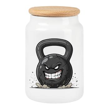 Angry Kettlebell – Burst of Force - Cookie Jar with Wooden Lid - white - Front