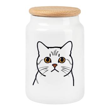 Teodoro le Chat - Tête de Chat - Boîte à biscuits avec couvercle en bois - blanc - Devant