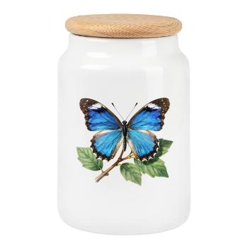 Papillon bleu sur branche - Boîte à biscuits avec couvercle en bois - blanc - Devant