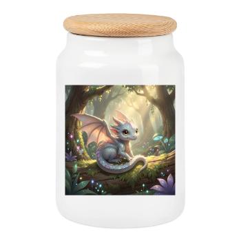 Little Cute Dragon / Baby Dragon - Cookie Jar with Wooden Lid - white - Front