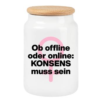 OB OFFLINE ODER ONLINE: KONSENS! ♀ FEMALE POWER - Keksdose mit Holzdeckel - Weiß - Vorne