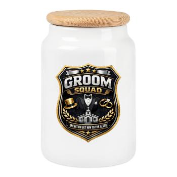 Bachelor Party Shirt Police Badge: Groom Squad Design - Cookie Jar with Wooden Lid - white - Front