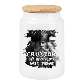 Caution_my_ancestors_were_Vikings - Cookie Jar with Wooden Lid - white - Front