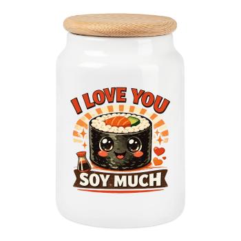 Kawaii Sushi Rétro Imprimé : Je t’aime beaucoup au soja - Boîte à biscuits avec couvercle en bois - blanc - Devant