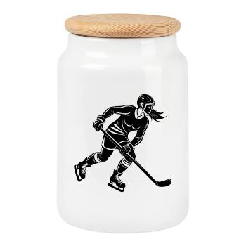 Joueuse de hockey patinant avec la rondelle - Boîte à biscuits avec couvercle en bois - blanc - Devant