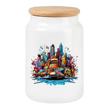 Colorful city silhouette with cars - Cookie Jar with Wooden Lid - white - Front