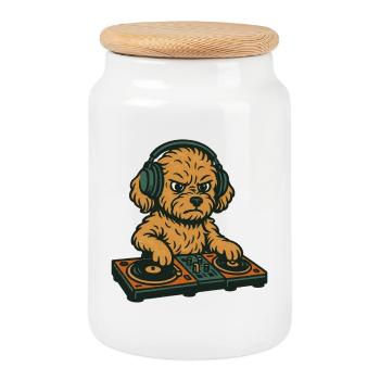 DJ Maltipoo : Chien rétro avec platines et musique - Boîte à biscuits avec couvercle en bois - blanc - Devant