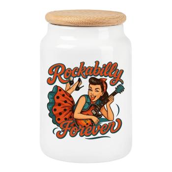 Rockabilly Forever: Rockabella with electric guitar - Cookie Jar with Wooden Lid - white - Front