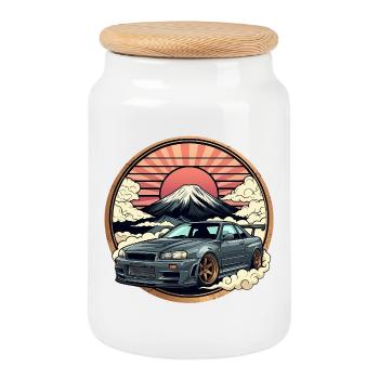 JDM car Japanese Retro Car Racing Drifting Legend - Cookie Jar with Wooden Lid - white - Front