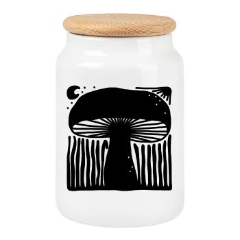 Mystical Celestial Mushroom Linocut Illustration - Cookie Jar with Wooden Lid - white - Front