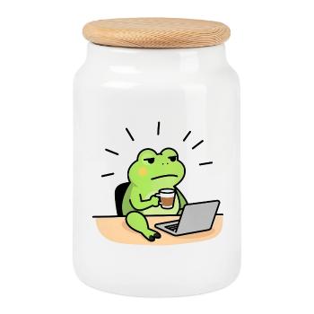 Froschkaffee und Laptop - Keksdose mit Holzdeckel - Weiß - Vorne