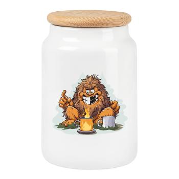 Kaffee Yeti mit Feuerlust - Keksdose mit Holzdeckel - Weiß - Vorne