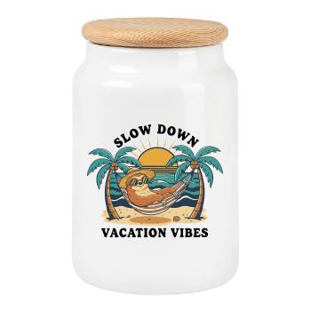 Sloth Sloth Hammock Slow Down Vacation Vibes - Cookie Jar with Wooden Lid - white - Front