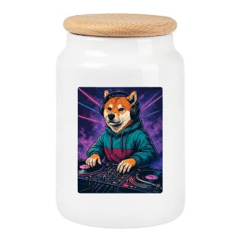 Shiba Inu DJ at Neon Club with Turntables - Cookie Jar with Wooden Lid - white - Front