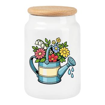 Floral watering can gardening flowers spring - Cookie Jar with Wooden Lid - white - Front