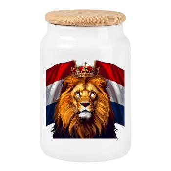 Lion couronne sur drapeau néerlandais - Boîte à biscuits avec couvercle en bois - blanc - Devant