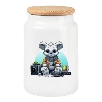 Panda DJ in a Hoodie – Studio Vibes - Cookie Jar with Wooden Lid - white - Front