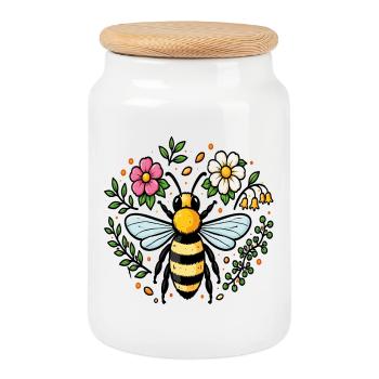 Bee and flowers nature garden - Cookie Jar with Wooden Lid - white - Front