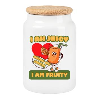 Ich bin Juicy – Ich bin Fruity – Cartoon-Tee - Keksdose mit Holzdeckel - Weiß - Vorne