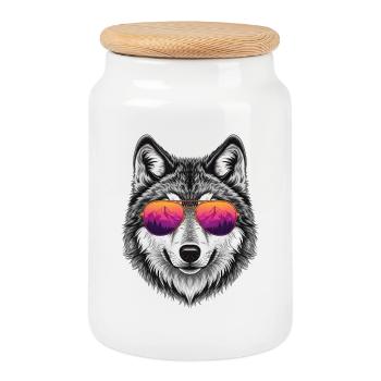 Cool Wolf mit Sonnenbrille-Grafik-T-Shirt - Keksdose mit Holzdeckel - Weiß - Vorne