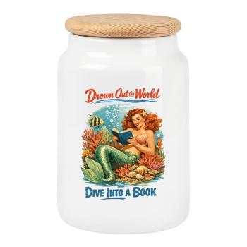 Retro Mermaid : Plongez dans une pin-up de livres - Boîte à biscuits avec couvercle en bois - blanc - Devant