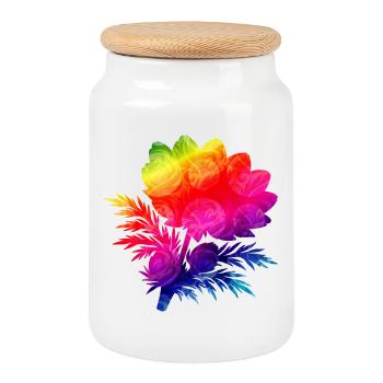 Colorful Floral Silhouette Rainbow Design - Cookie Jar with Wooden Lid - white - Front