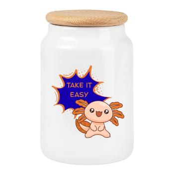 Take It Easy Axolotl – Funny Kawaii T-Shirt - Cookie Jar with Wooden Lid - white - Front
