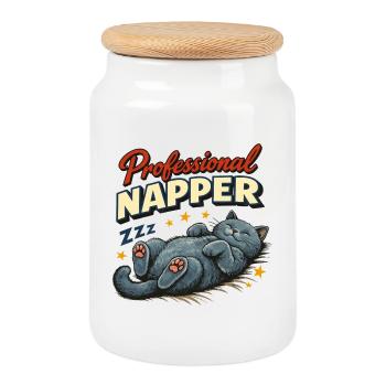 Professional Napper – Britisch Kurzhaar Retro Katz - Keksdose mit Holzdeckel - Weiß - Vorne
