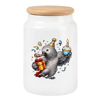 Anniversaire du perroquet gris d’Afrique - Boîte à biscuits avec couvercle en bois - blanc - Devant