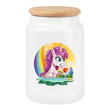 Unicorn by the pool with rainbow - Cookie Jar with Wooden Lid - white - Front