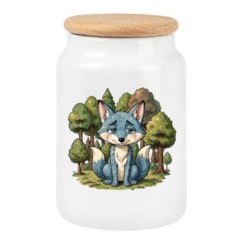 Blue fox animal sad forest - Cookie Jar with Wooden Lid - white - Front