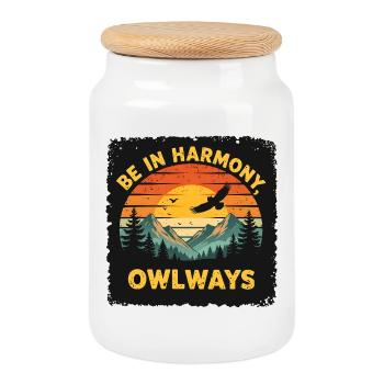 Owl Harmony at Sunset - Cookie Jar with Wooden Lid - white - Front