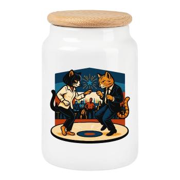 Two Retro Cats Dancing – Vintage Style - Cookie Jar with Wooden Lid - white - Front