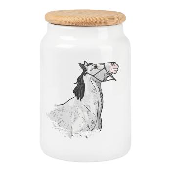 The head of a grey horse pulling on its lunge - Cookie Jar with Wooden Lid - white - Front