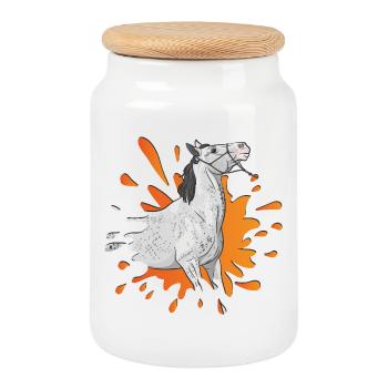 A grey horse in an orange inkblot - Cookie Jar with Wooden Lid - white - Front