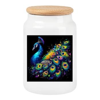 peacock - Cookie Jar with Wooden Lid - white - Front