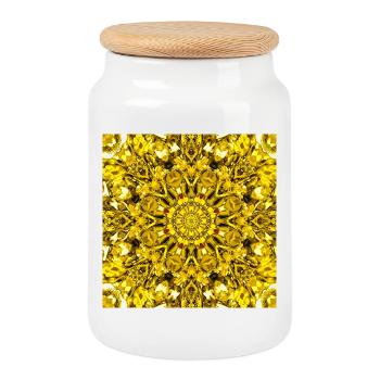 Gelbe Mandala radiales Muster - Keksdose mit Holzdeckel - Weiß - Vorne