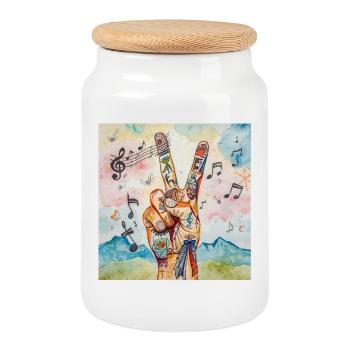 Peace Finger Tattoo Music Art - Cookie Jar with Wooden Lid - white - Front