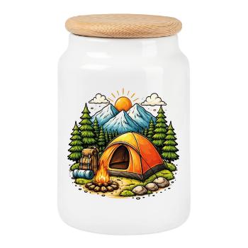 Tente camping bivouac montagne nature - Boîte à biscuits avec couvercle en bois - blanc - Devant