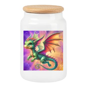 dragon - Cookie Jar with Wooden Lid - white - Front
