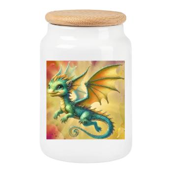 dragon - Cookie Jar with Wooden Lid - white - Front