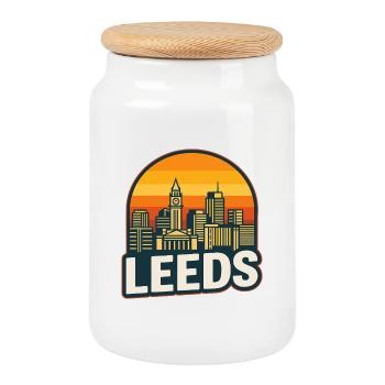 Vintage Leeds Skyline Retro-Sonnenuntergangsdesign - Keksdose mit Holzdeckel - Weiß - Vorne