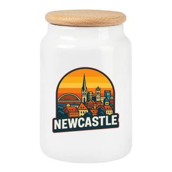 Newcastle Skyline Retro Sunset Geordie Design - Cookie Jar with Wooden Lid - white - Front
