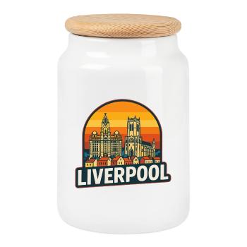 Vintage Liverpool Skyline Retro Sunset Design - Cookie Jar with Wooden Lid - white - Front