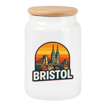 Bristol Retro Sunset Suspension Bridge Design - Cookie Jar with Wooden Lid - white - Front