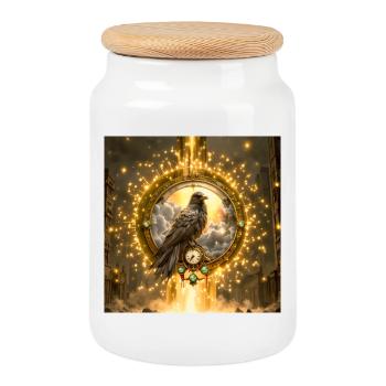 Raven in Luminous Ring - Cookie Jar with Wooden Lid - white - Front