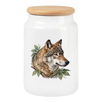 Wolf surrounded by foliage - Cookie Jar with Wooden Lid - white - Front