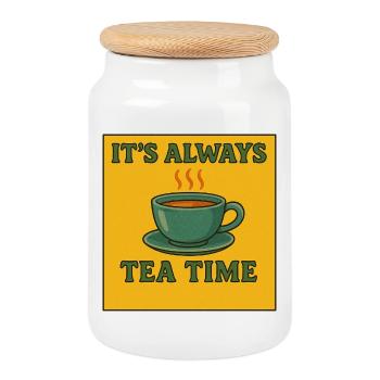 Always Tea Time Illustration - Cookie Jar with Wooden Lid - white - Front