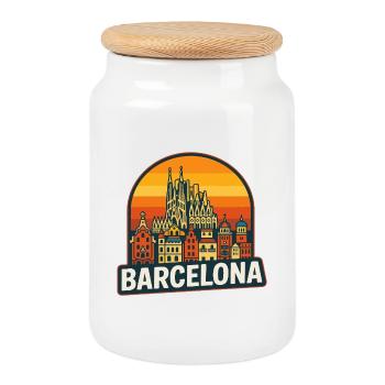 Barcelona Skyline Retro Sunset Sagrada Familia - Cookie Jar with Wooden Lid - white - Front