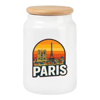 Décor rétro de la Skyline de Paris Coucher de Soleil de la Tour Eiffel - Boîte à biscuits avec couvercle en bois - blanc - Devant